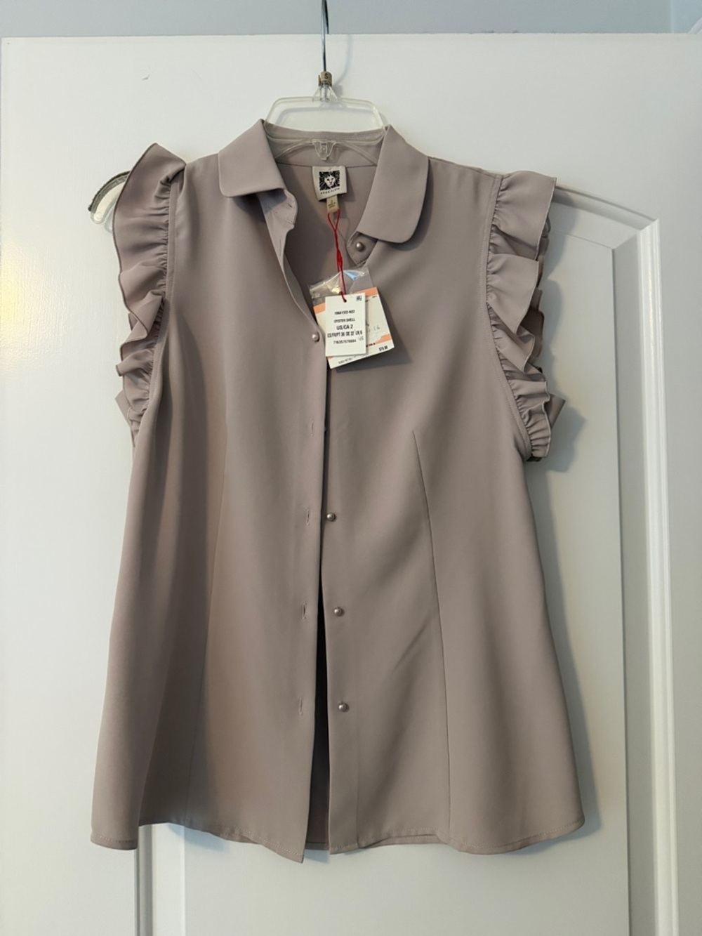 Anne Klein Taupe Ruffle-Sleeve Button Front Blouse